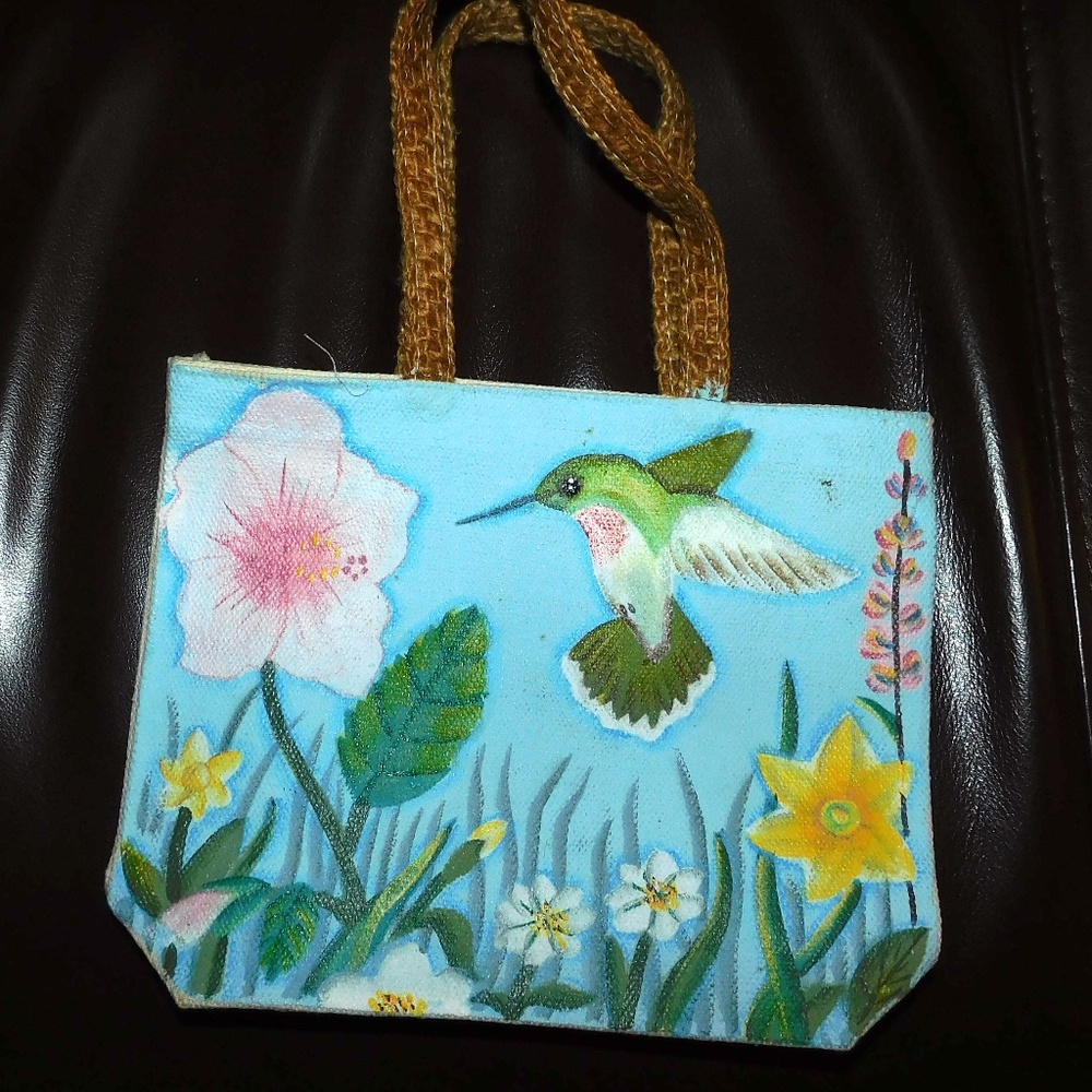 Hand Painted Small Tote Bag Hummingbird Floral Flowers 6 ¾" X 5 ½"